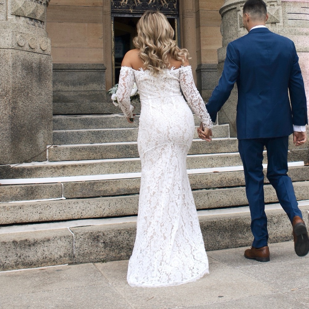 Lulu's Off-Shoulder Lace Wedding Dress in White